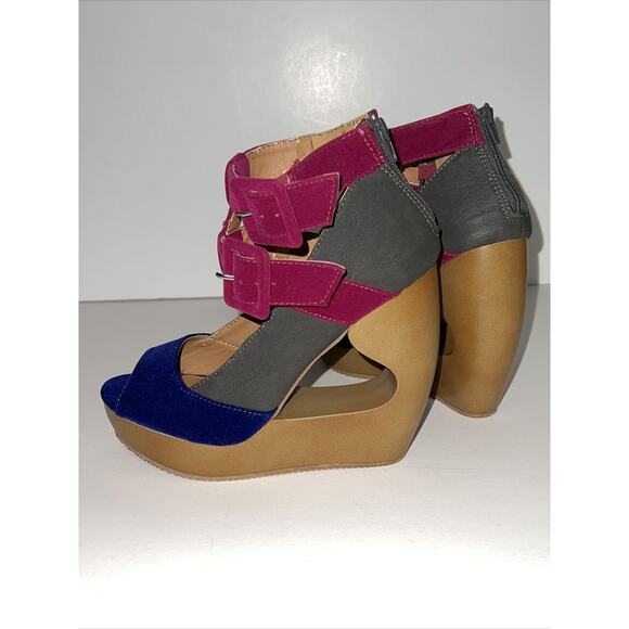 Qupid LISBETH shoes Women Sz 6.5 Ankle Strap Buckle Wedge Platform Sandals Blue - Picture 9 of 12